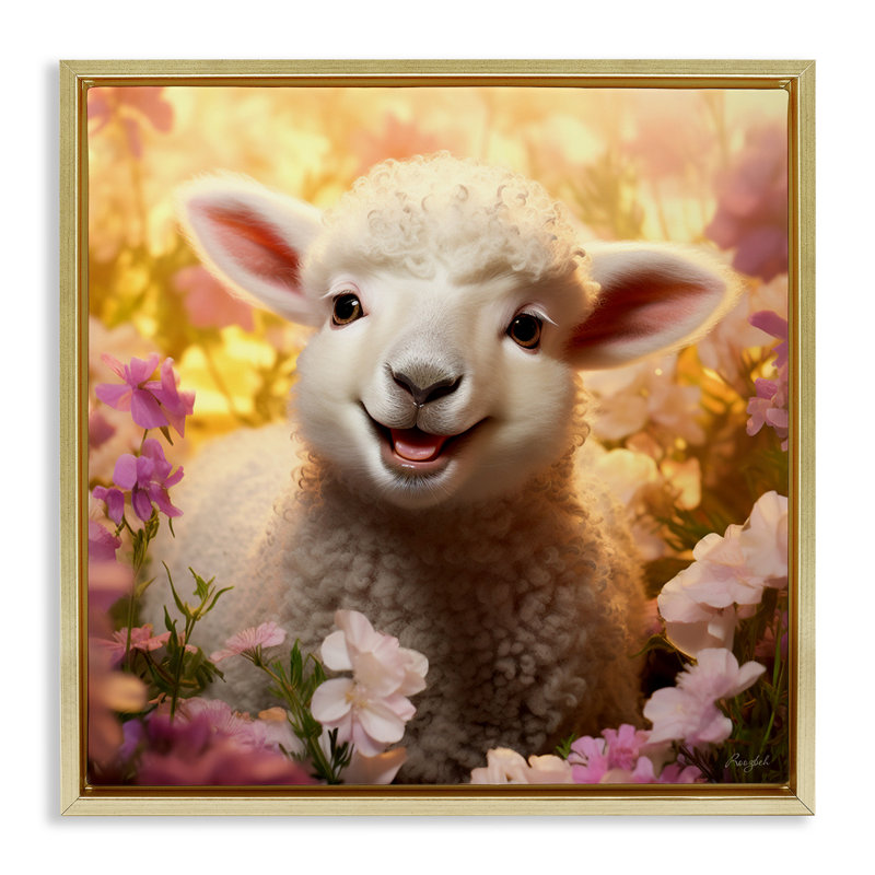 Agneau dans un pré fleuri, H 18 po x l 18 po, Cadre flottant métallique doré
