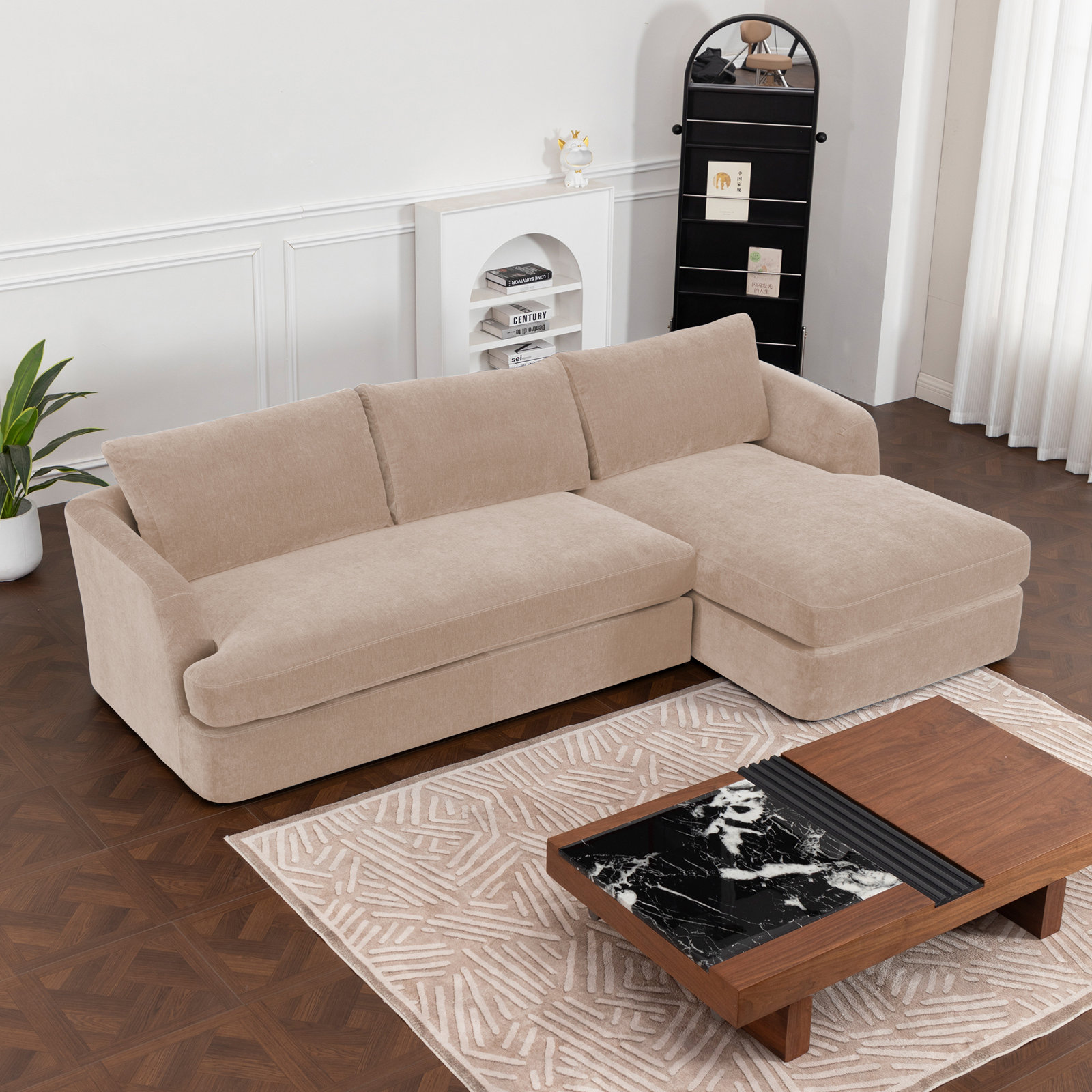 Alameda Velvet Sofa and Chaise, Sandstone Velvet, Right Hand Facing
