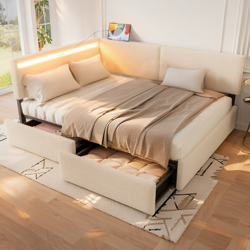 Upholstered Boucle Daybed With 2 Storage Drawers,Modern Corner Bed With LED Light And USB Charging Design, Twin