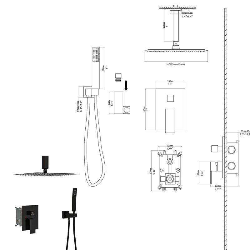 Shower System With Handheld - Oil Rubber Bronze 1.8 Gpm Max Flow Rate 10 Inch Square Head Adjustable Water, Matte Black