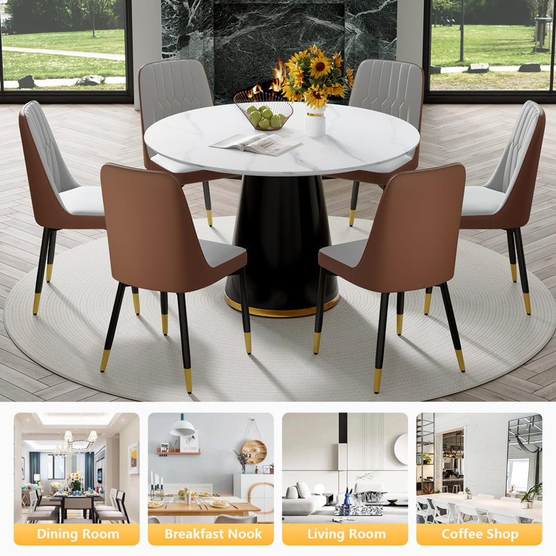 Marble Look Dining Room Table Set With Chairs – Elegant, Durable, Easy To Maintain, Brown/Gray, 7 Pieces: Table, 6 Chairs