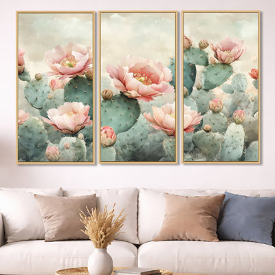 «Blush Cactus Desert Bloom I», ensemble d'art mural sur toile botanique vert
