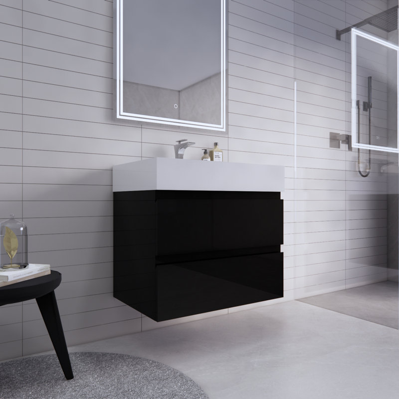 Ensemble de meuble-lavabo mural simple 30 po Babajide, Noir lustré