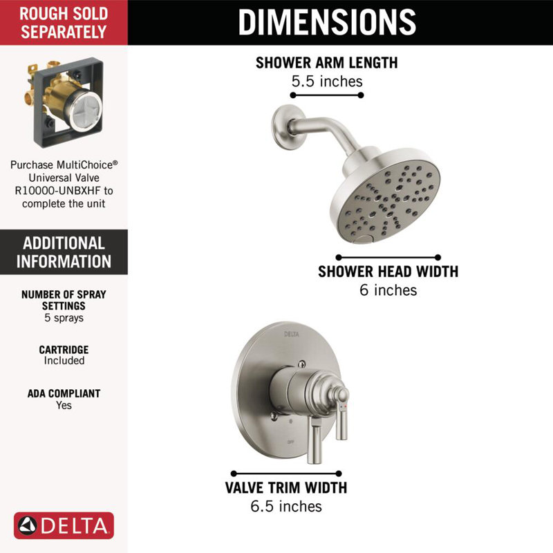 Ensemble de garniture de robinet de douche en nickel brossé Saylor 17 Series avec pomme de douche H2Okinetic, système de douche, ensemble de robinet de douche, pomme de douche et poignée, acier inoxydable (valve non incluse)