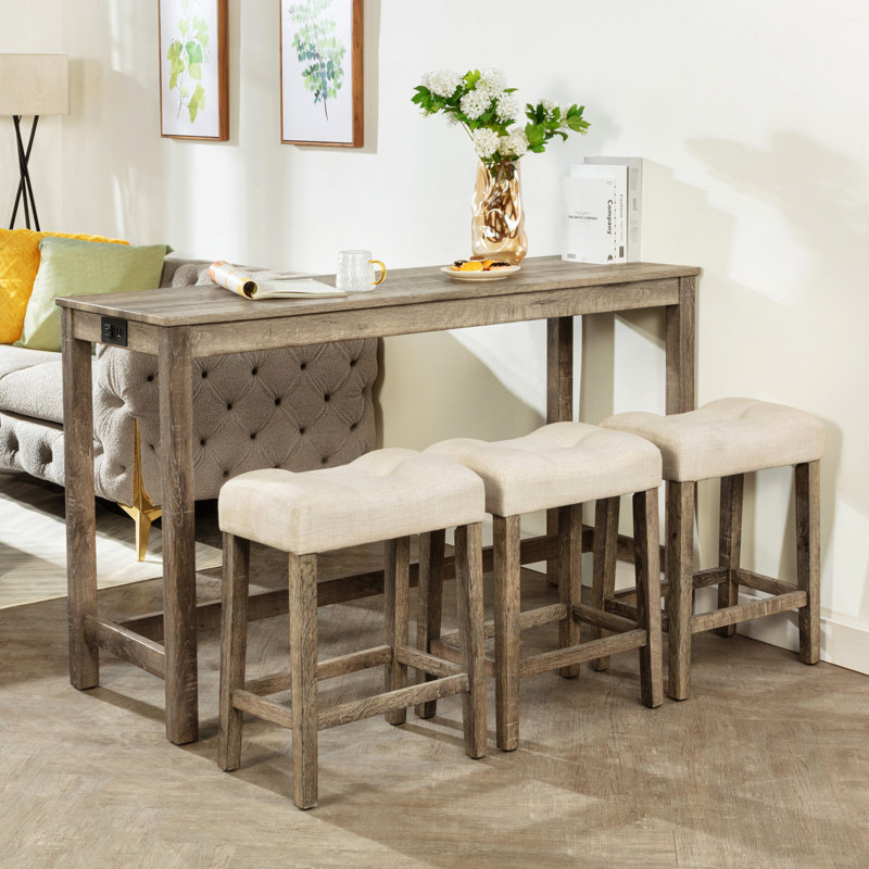 Table de bar rectangulaire avec fonction de charge électrique et sièges confortables, chaise brune en simili grain de bois