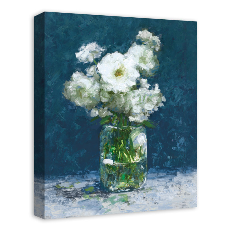 Reproduction d’art sur toile tendue sur fond bleu fleurs blanches
