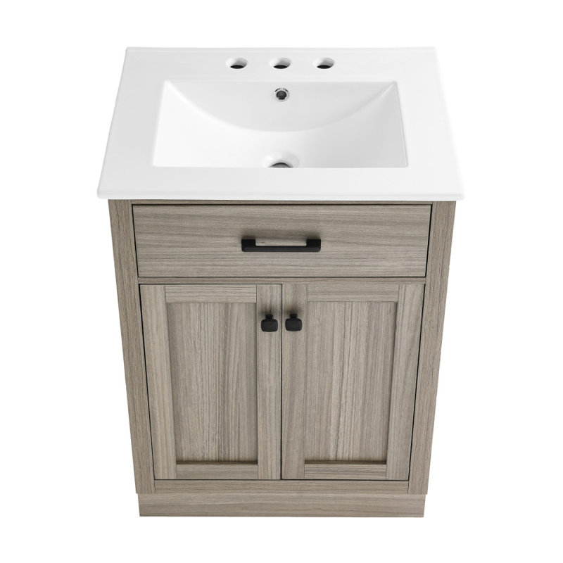 Burdon 24 In. Bathroom Vanity With 3-Hole Ceramic Sink Top, White, Brown, Matte Black