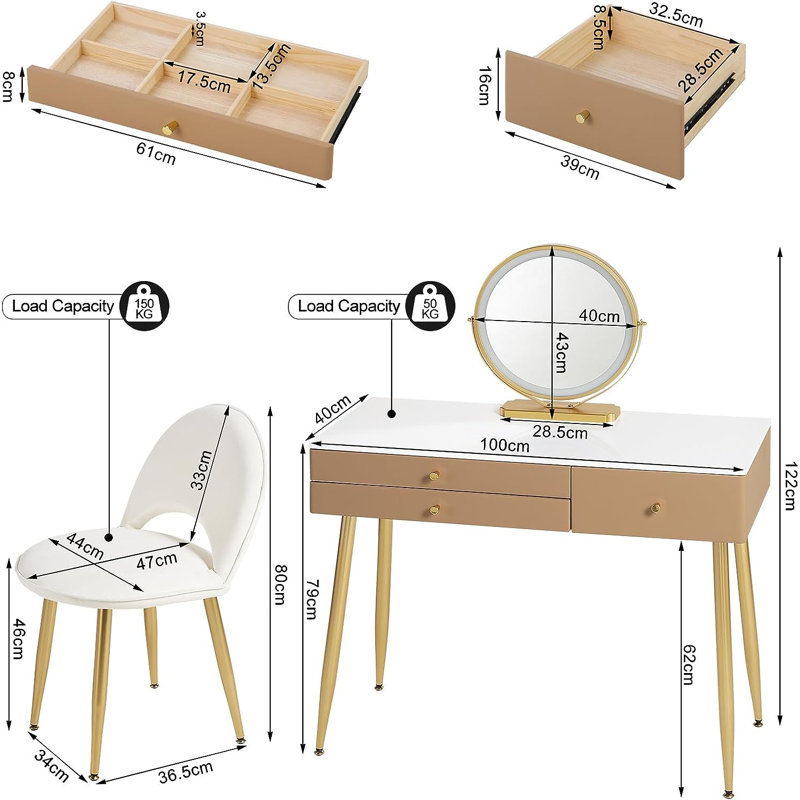 Etchemin Dressing Table with Mirror, Khaki/Gold