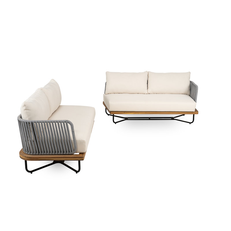 Canapé d'extérieur Jackston, 4, Coussin beige / structure en corde de teck gris