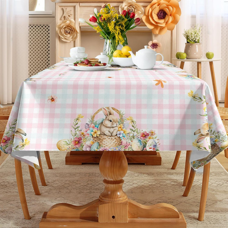 Nappe de Pâques Rectangle 60 po x 84 po - Décorations de Pâques en tissu écossais rose et bleu pour la maison