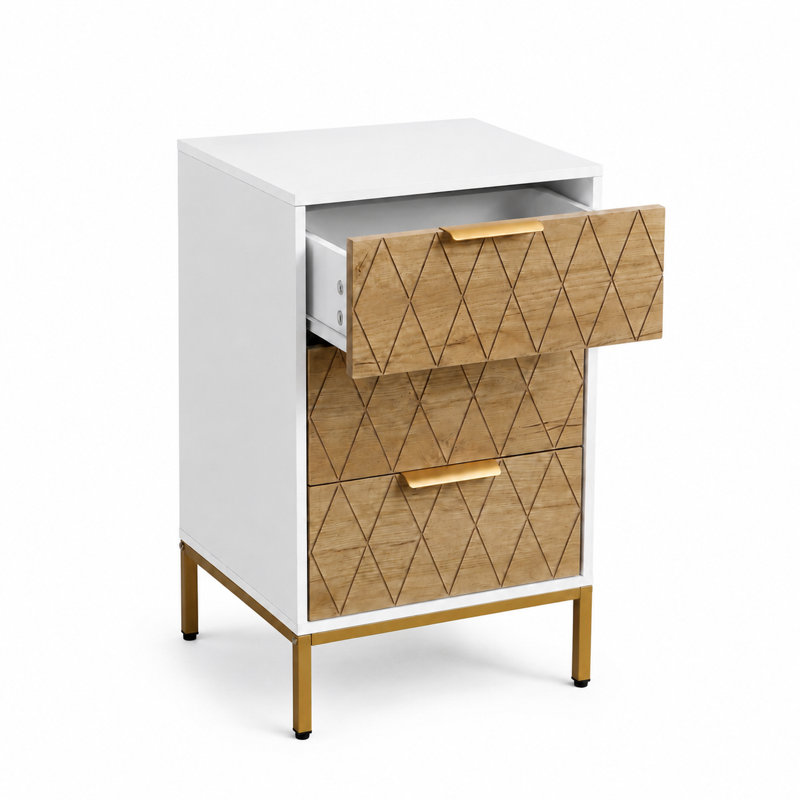 Armoire d'appoint moderne à 3 tiroirs avec façade en bois géométrique, poignées dorées et pieds en métal
