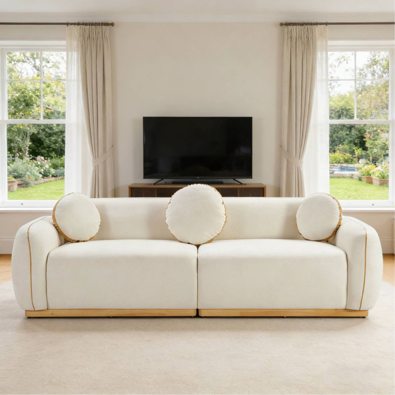 Ensemble de canapés modernes 90,94 po, 3 coussins décoratifs ronds pour le coin-détente du cinéma maison, Beige/White