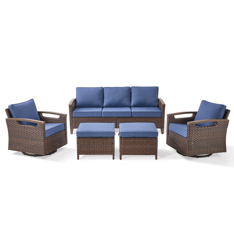 Arundel 5 Person Outdoor Patio Rattan Conversation Set With Swivel Chairs, Cushions Included, Blue