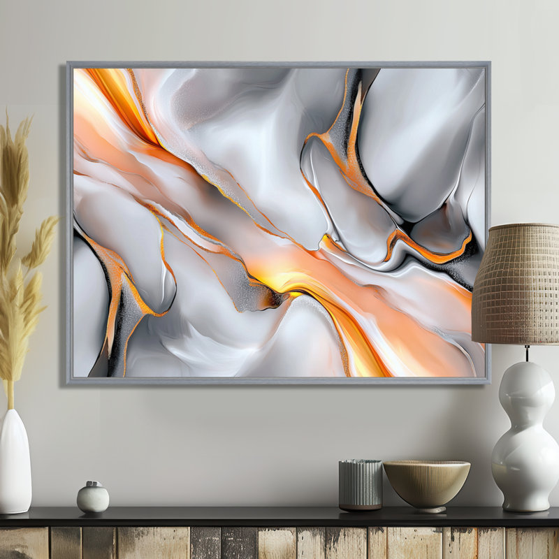 Marbre ascendant orange clair et gris II - art mural abstrait en marbre, Argent argent, H 24 po x l 32 po