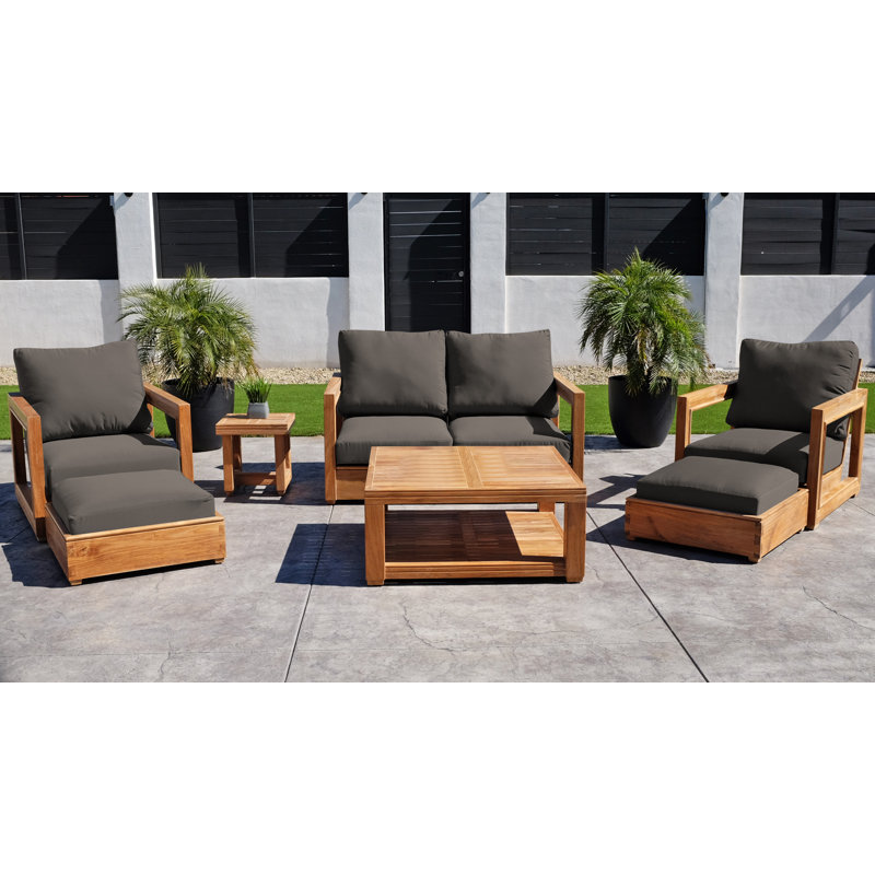 Stilijan Teak 5 - Person Patio Conversation Set with Sunbrella® Cushions, Table, Loveseat, 2 Chairs, 2 Ottomans, Side Table