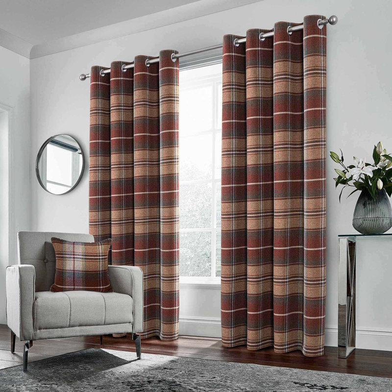  100% Blackout Curtains Check Eyelet Bedroom Tartan Curtain Plaid Brushed Cheque Pair of Highland Woolen Look Window Treatment for Living Room Green 46 * 54 Inches