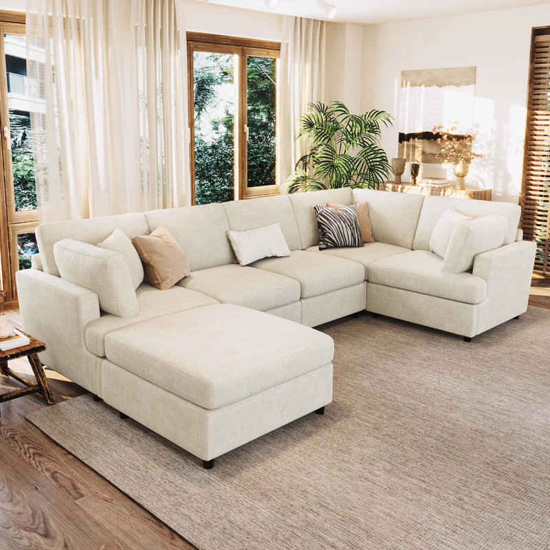 Canapé modulaire en forme de U de 127 po, canapé d'angle rembourré, avec repose-pieds mobile et méridienne, Beige