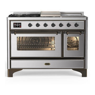 Cuisinière à double combustible de 48 pouces avec 5 brûleurs scellés, plaque chauffante et plaque française en acier inoxydable Majestic III Series (gaz naturel, garniture brunie)