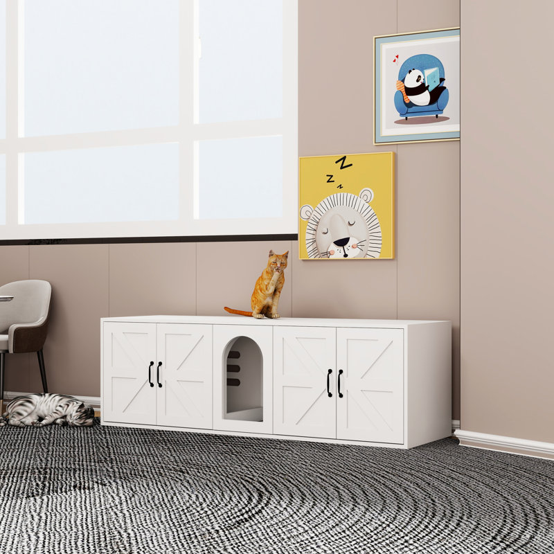 Enceinte de litière pour 2 chats en bois blanc avec espaces doubles et armoires de ventilation au design optimisé