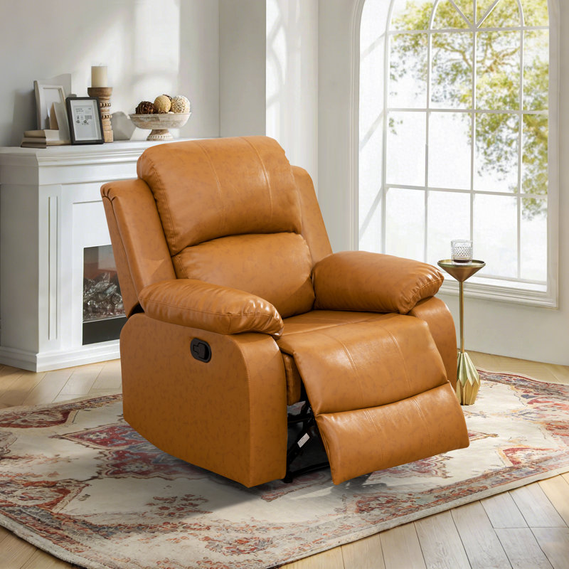 Fauteuil inclinable manuel moderne en similicuir de 35 po de largeur avec accoudoirs et dossier rembourrés végétalien - Gingembre