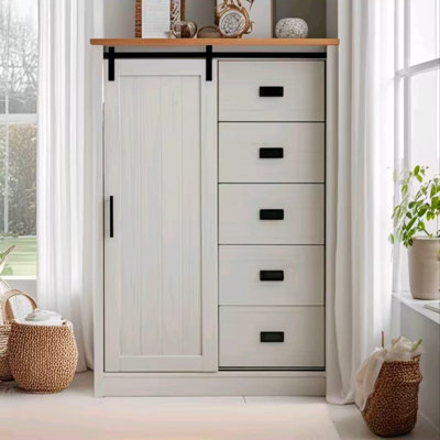 Commode 5 tiroirs avec porte de grange coulissante, commode haute de style campagne moderne à 5 tiroirs, commode de rangement pour chambre à coucher, couloir, salon, chambre d'enfant BLANC