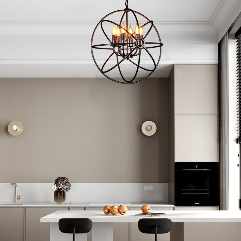 Luminaire suspendu sphère 6 lumières DEL avec détails en fer forgé