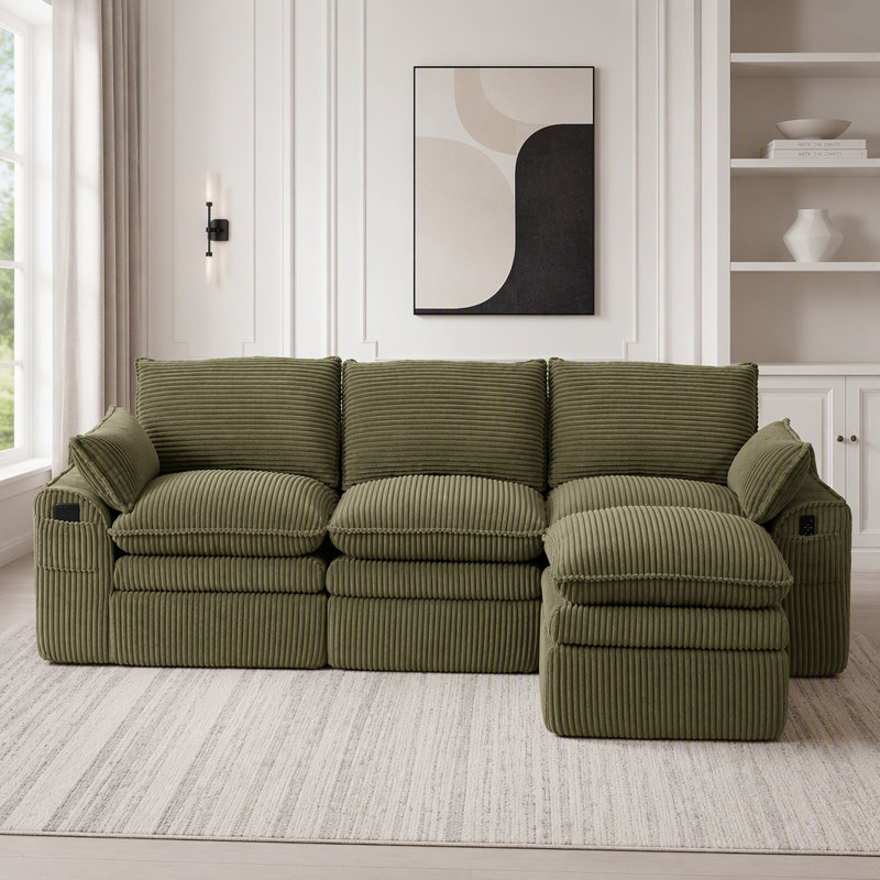 Canapé modulaire en L avec velours côtelé et repose-pieds mobile, Velours côtelé émeraude