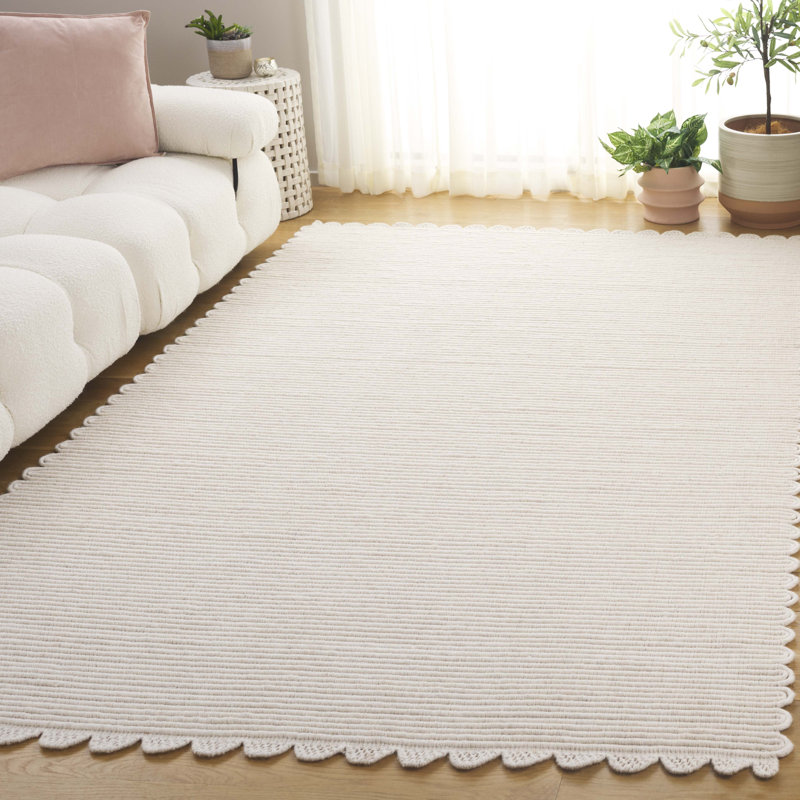 Tapis rayé ivoire en laine tissée à la main Quaniyah, Rectangle 8 po x 10 po