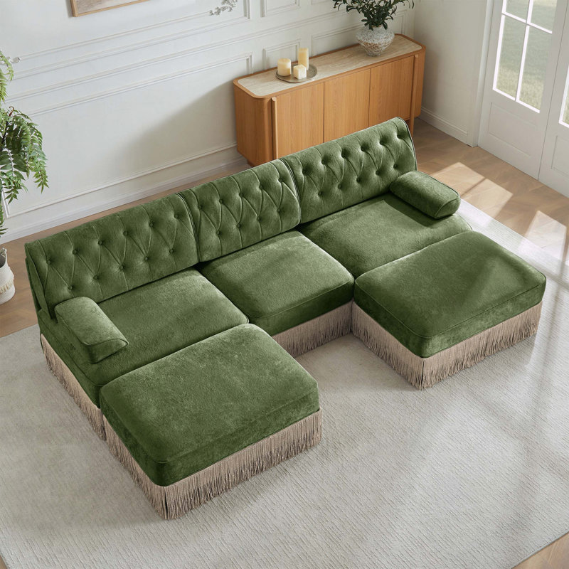 Canapé Chesterfield en U respirant en velours avec jupe à pampille, Vert