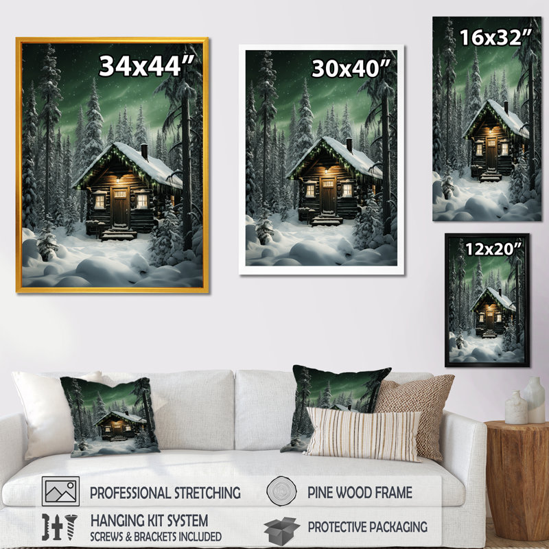Festive Winter Forest Cabin - Art mural forêt, Cadre photo noir, H 32 po x l 16 po x P 1 po