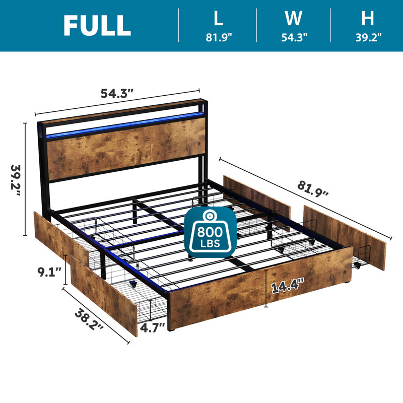 Modern Full/Queen Bed Frame With LED Lights, Storage Drawers, And Charging Station – Available In Brown And Gray, Full, Brown
