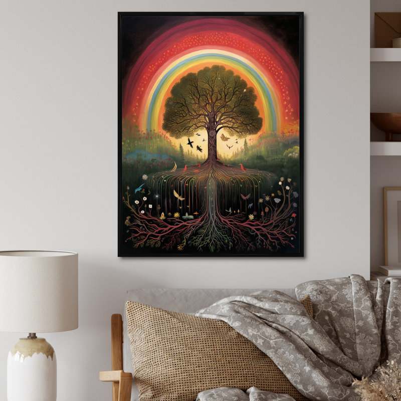 «Tree of Life Rainbow Retro Illustration», reproduction sur toile, H 32 po x l 16 po x P 1 po, Cadre flottant noir