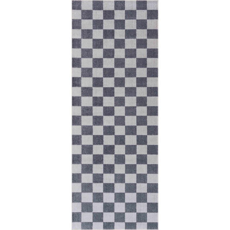 Brunetti Checkered Machine Woven Polyester Area Rug in Blue, Runner 2'7" x 7'3"