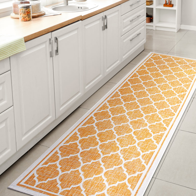Tapis d'intérieur / extérieur jaune / crème Trebol, Tapis de couloir 2 pi 2 po x 8 pi
