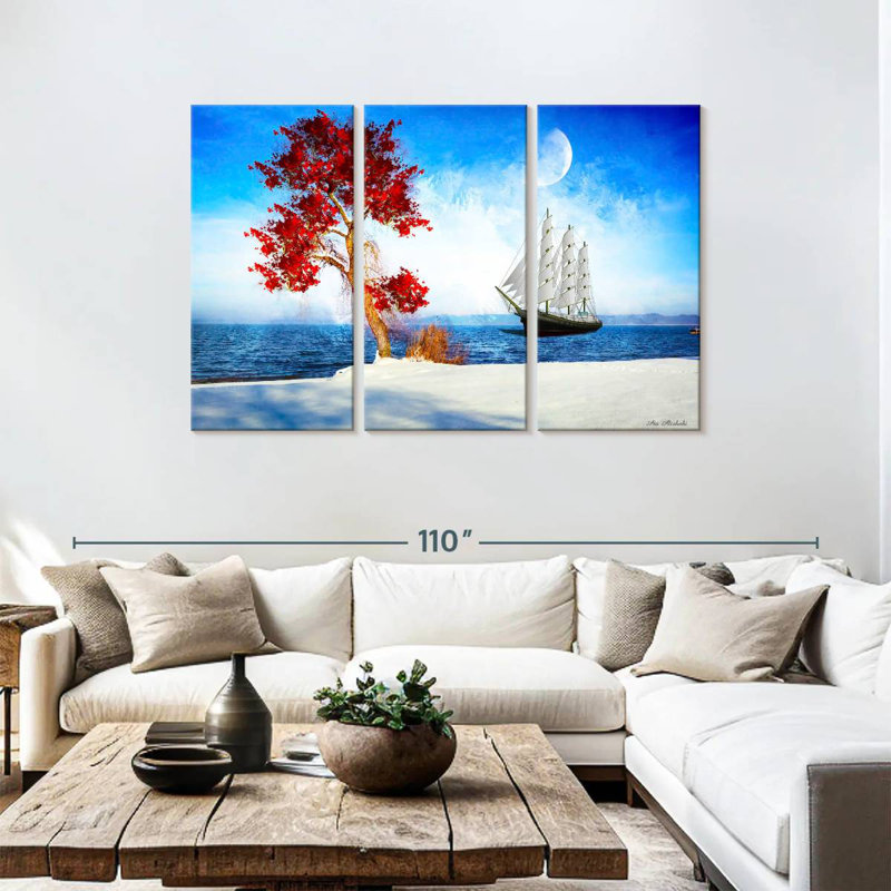 Mehar Red Tree And Ship, 48" H x 74" W