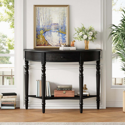 Farmhouse Half Moon Console Table With Drawer & Shelf For Entryway, Living Room, Hallway And Foyer
