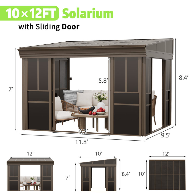 10x12 Ft Wall Mounted Sunroom, Lean-to Solarium with PC Roof, Sliding Doors & Windows, Outdoor Enclosed Gazebo for Patio, Deck & Poolside,  Brown