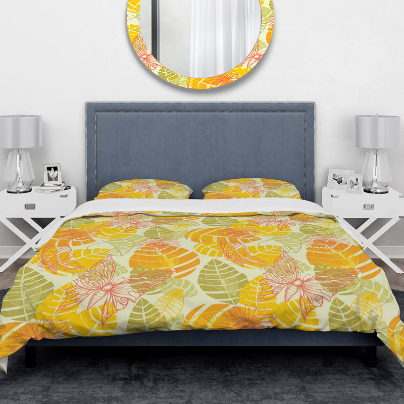 Ensemble de housse de couette avec papillon et feuilles colorées designart summer, Housse simple + 1 taie décorative