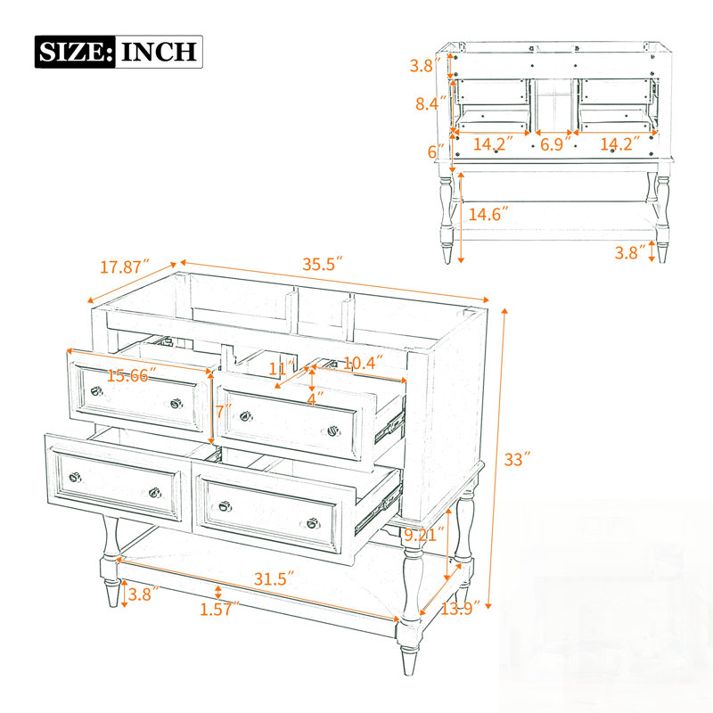 Ensemble de meuble-lavabo autoportant avec 4 tiroirs, structure en bois massif, solution de rangement durable et élégante