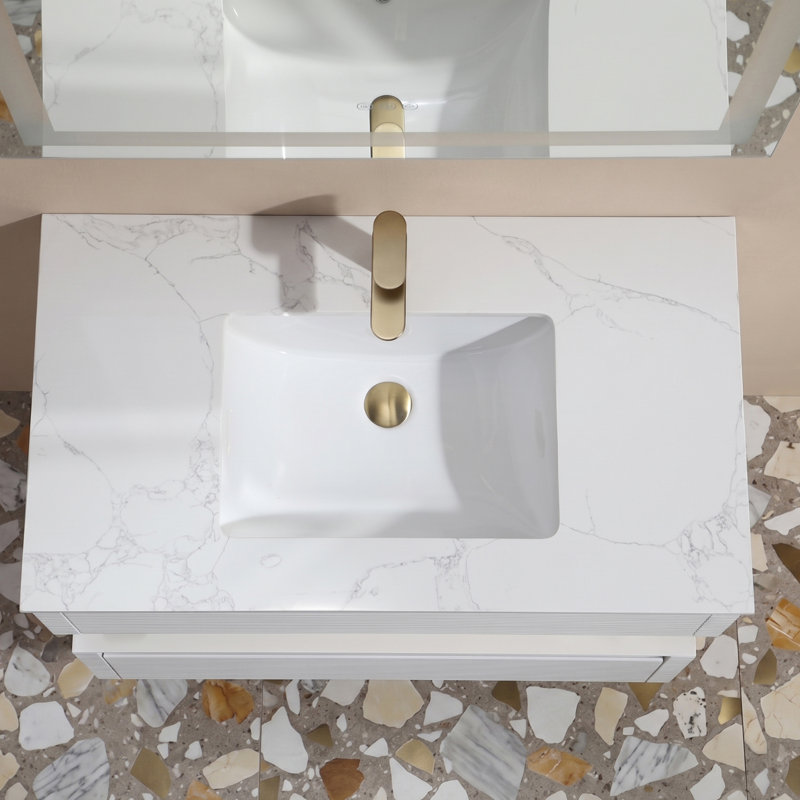 Meuble-lavabo suspendu de 91,4 cm (L) x 52,8 cm (P) avec comptoir en pierre, éclairage DEL intégré, design cannelé à deux niveaux, tiroirs à fermeture amortie, blanc