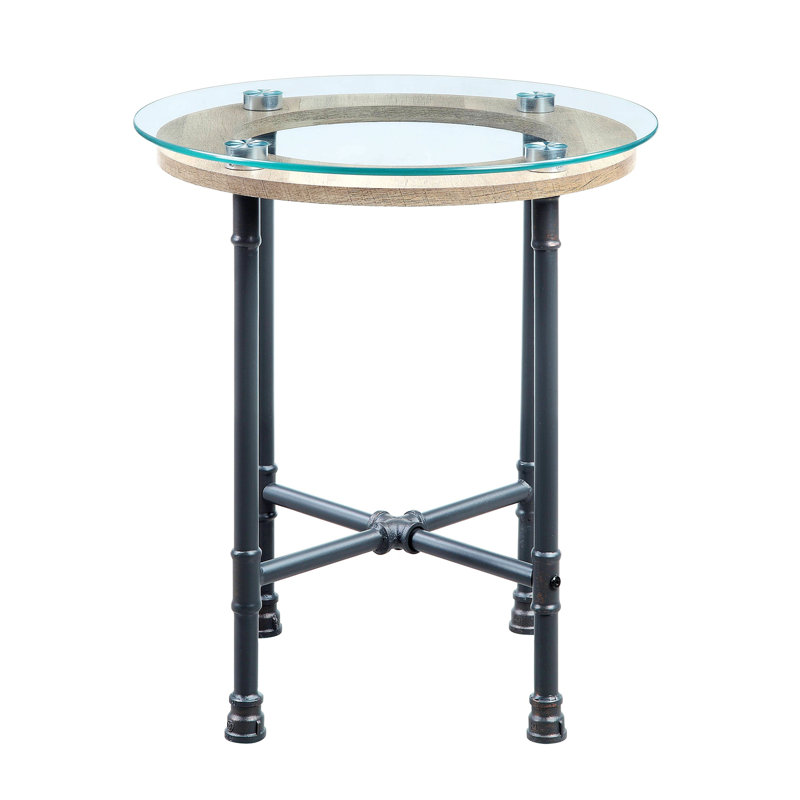 Brantley 22" Industrial Round End Table with Glass Top and Wooden Shelf