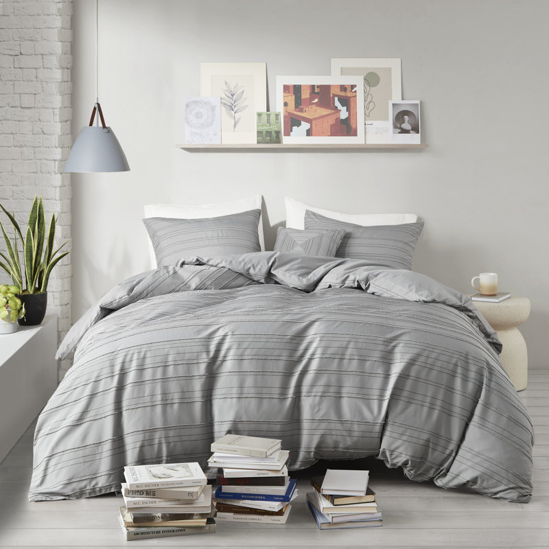 Gray Twin/Twin XL Clip Jacquard Duvet Cover Set with Decorative Pillow