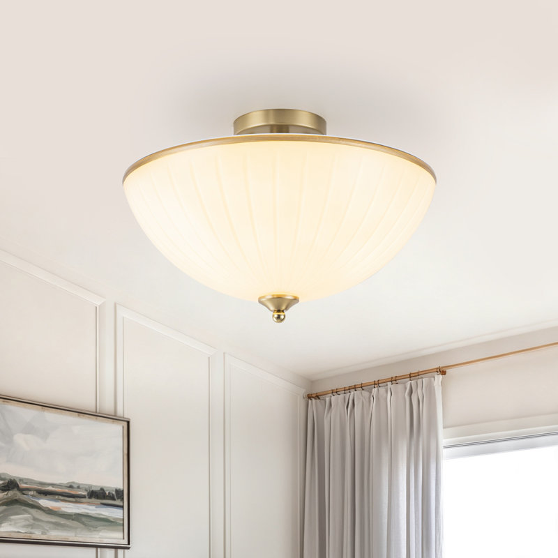 15.6" 3-Light Semi Flush Mount Ceiling Light, Modern Bowl Shaped Ribbed White Glass Shade with Gold Finish