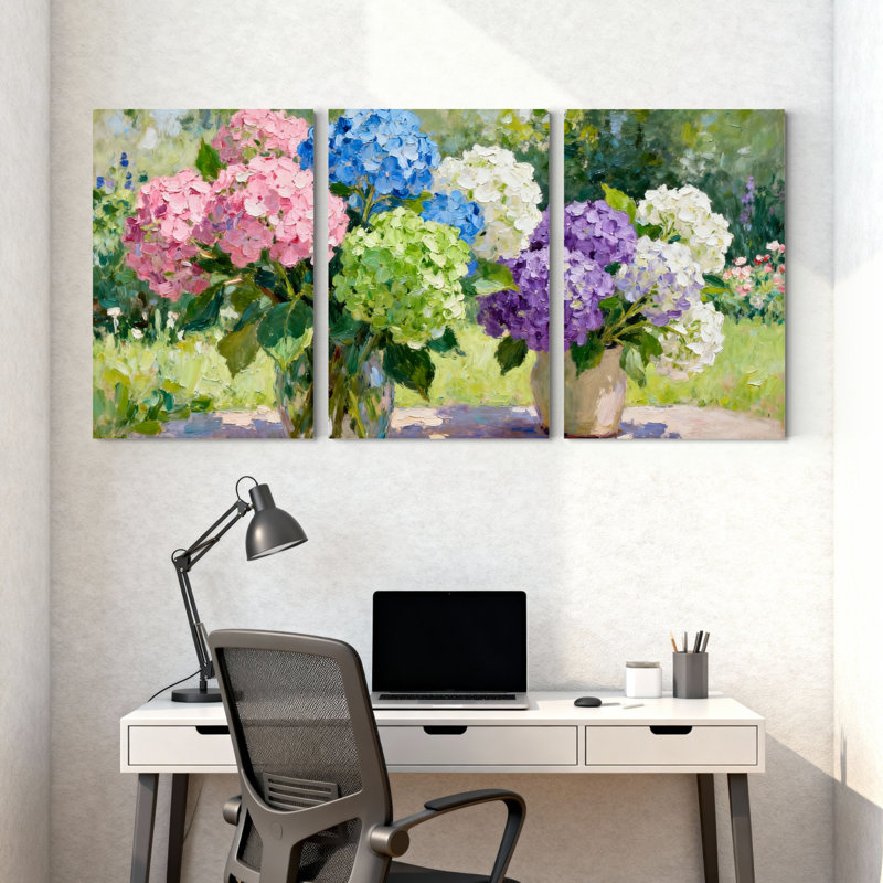 Ensemble de 3 tableaux muraux sur toile à motifs floraux d'hortensias, pour salon, chambre à coucher et décoration intérieure.