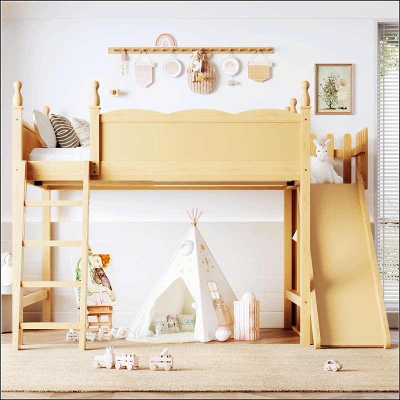Lit mezzanine double avec tablettes de rangement et garde-robe, conception en bois massif avec glissière amovible et échelles, aucun sommier nécessaire