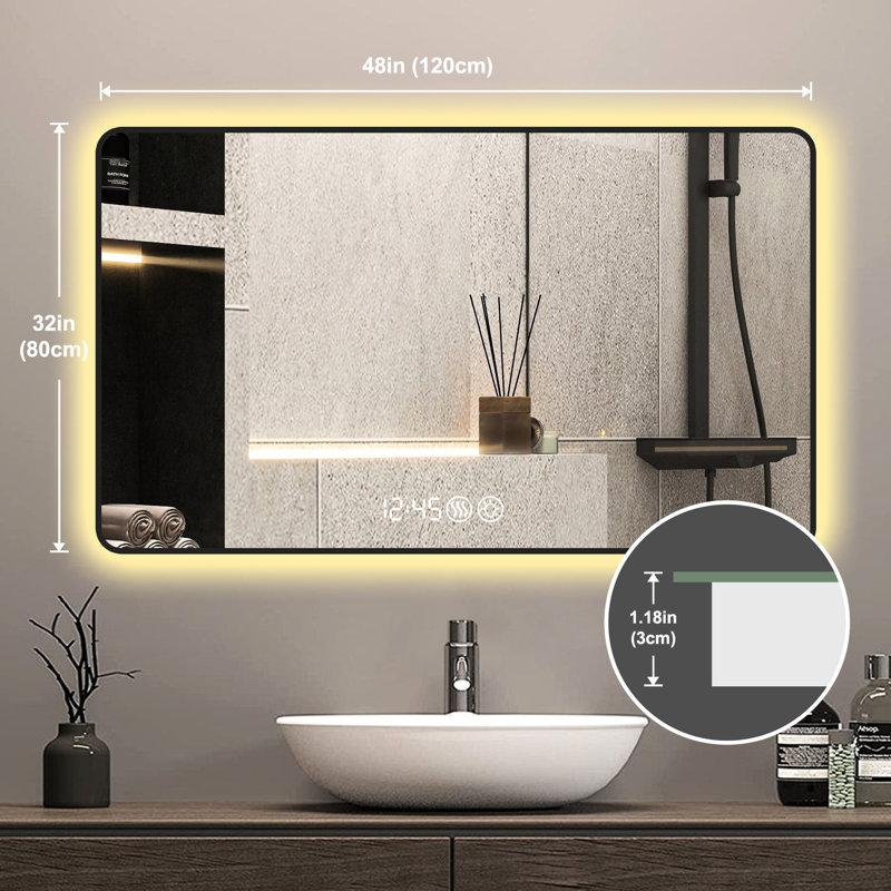 Miroir mural de salle de bain 48 po x 32 po noir - affichage de la température, réglages tricolores, désembuage, réglage de l'heure du meuble-lavabo en alliage d'aluminium, verre