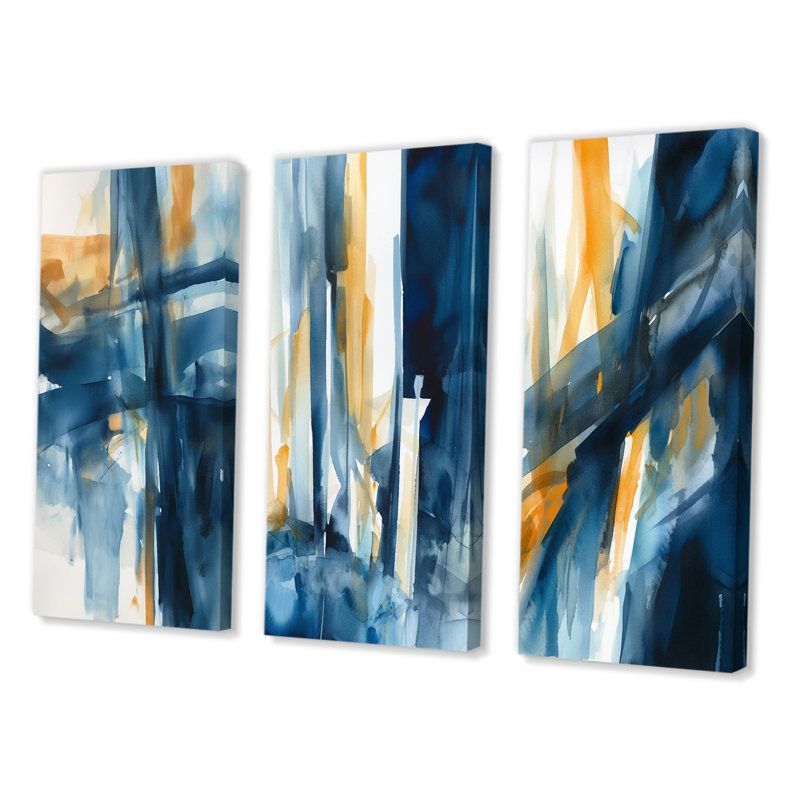 «Blue And Gold Fusion», 3 pièces sur toile, Cadre blanc, H 20 po x l 36 po