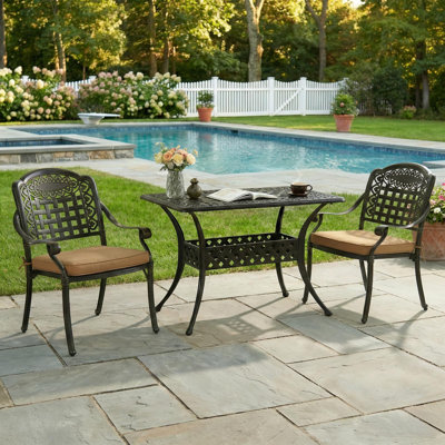  3 Piece Patio Bistro Set, Outdoor All-Weather Cast Aluminum Dining Furniture Set Includes 2 Cushioned Chairs And A 42” Rectangle Table For Balcony Poolside Garden & Indoor Use, Dark Bronze