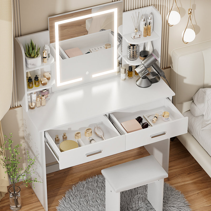 Ensemble de coiffeuse Greyden avec miroir à DEL et prises intégrées, Blanc