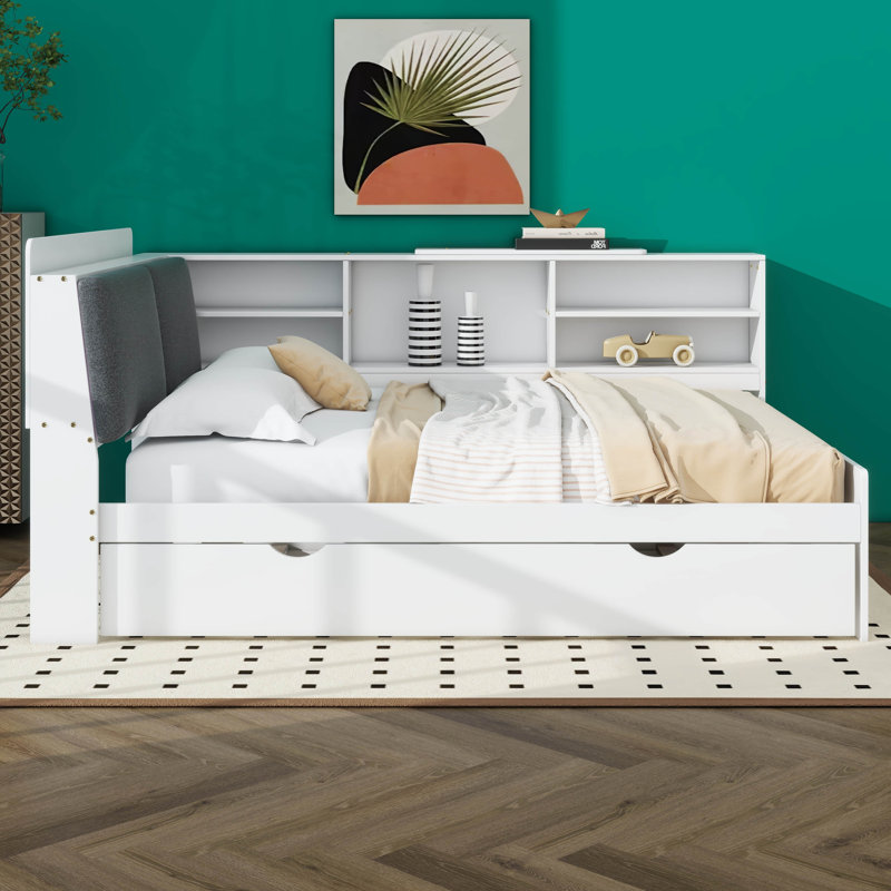Lit plateforme en bois avec lit gigogne, tablettes et tête de lit avec rangement, Simple, Blanc